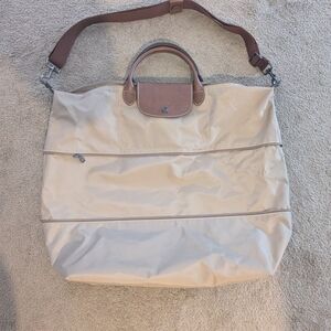 Longchamp tan nylon tote with brown leather trim